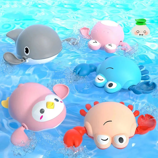 Delightful wind-up bath toys in a red turtle design, floating and moving in the water, providing fun and engaging playtime for children.