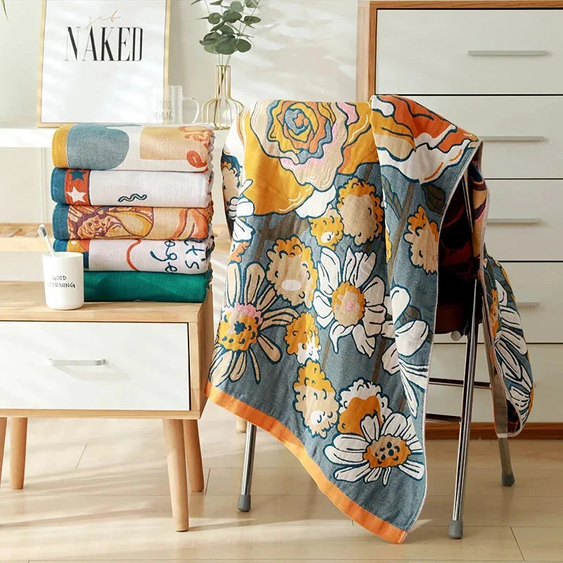 Luxuriously soft and quick-drying cartoon bath towel with 5-layer gauze cotton construction
