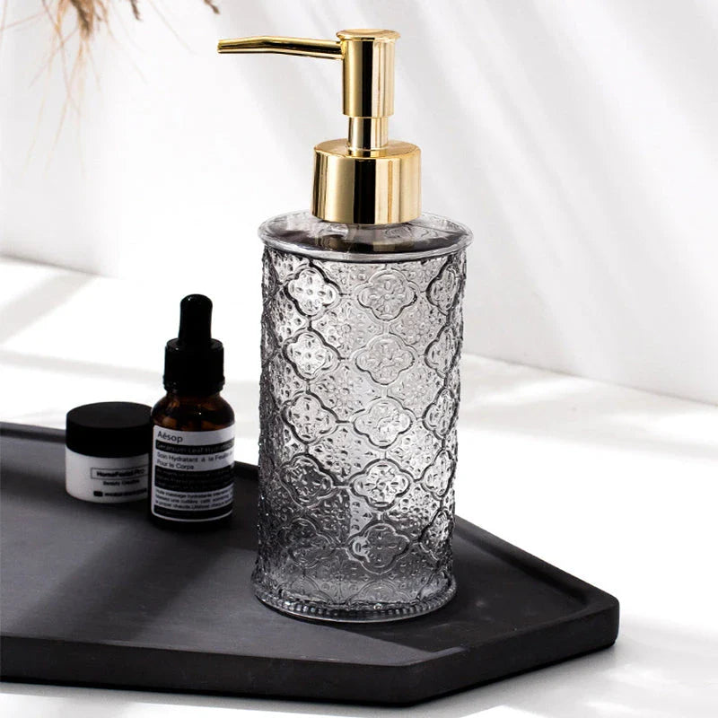Elegant 280ml glass soap dispenser in pink colour, suitable for bathroom and kitchen use