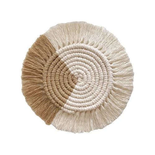 Elegant Boho Macrame Coaster in Timeless White, featuring a unique and artisanal design that adds a touch of rustic charm to any living space.