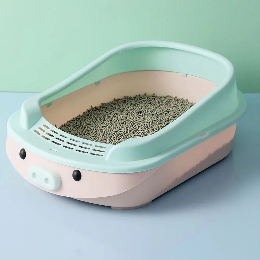 Oversized semi-enclosed cat litter box in Haze Blue colour, featuring high sides and covered top for enhanced privacy and litter containment