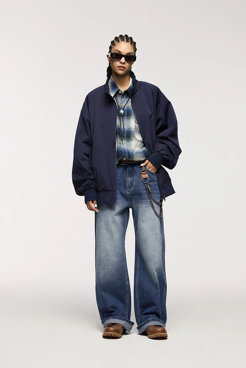 Men's Washed Blue 3D Cut Wide Leg Jeans with micro-elasticity and relaxed straight-leg fit