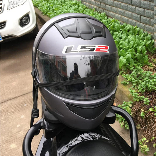 Adjustable motorcycle helmet strap made of durable nylon with secure buckles to attach to bike for safe storage