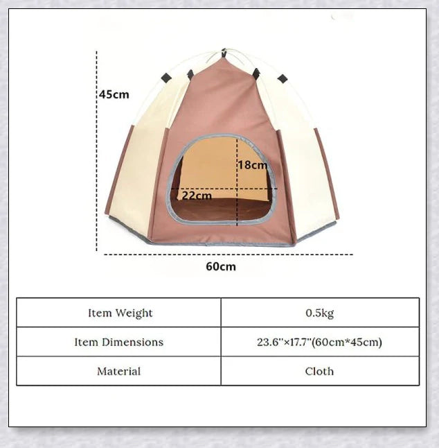 Cosy hexagonal pet tent made of microfibre fabric and carbon rods, providing a warm and stable space for cats and small dogs to relax indoors or outdoors.