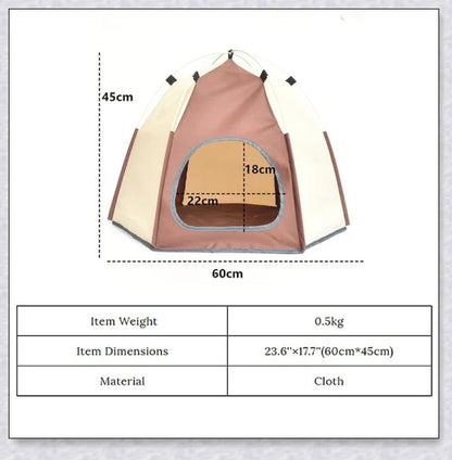 Cosy hexagonal pet tent made of microfibre fabric and carbon rods, providing a warm and stable space for cats and small dogs to relax indoors or outdoors.