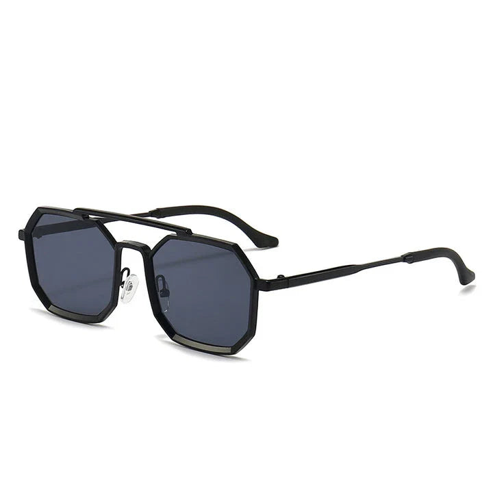 Stylish polygonal double bridge sunglasses with metal frames and mirror-coated lenses for men and women