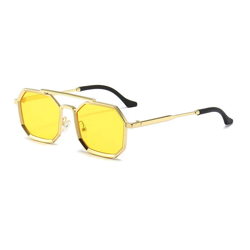 Stylish polygonal double bridge sunglasses with metal frames and mirror-coated lenses for men and women