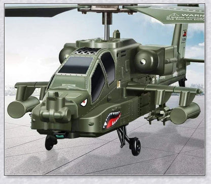 Military-inspired RC helicopter with gyroscope stabilisation and vibrant LED lights for indoor aerial maneuvers and stunts