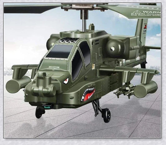 Military-inspired RC helicopter with gyroscope stabilisation and vibrant LED lights for indoor aerial maneuvers and stunts