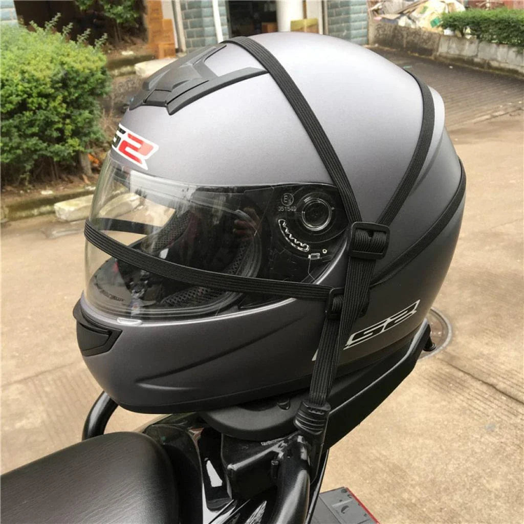 Adjustable motorcycle helmet strap made of durable nylon with secure buckles to attach to bike for safe storage