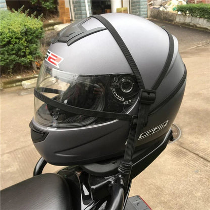 Adjustable motorcycle helmet strap made of durable nylon with secure buckles to attach to bike for safe storage