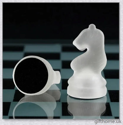 Acrylic Elegant Glass Chess Set with transparent board and frosted/clear glass pieces in small, medium and large sizes