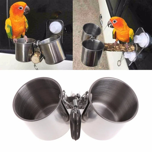 Elegant stainless steel bird feeder with dual cups and secure clip for easy installation in garden or outdoor space