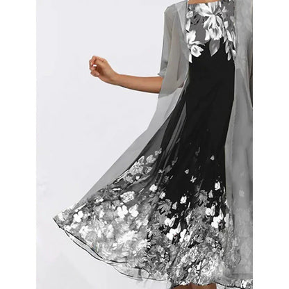 A stylish, multi-colour long dress made from high-quality chiffon fabric, featuring a comfortable swing skirt and versatile 3/4 sleeves.