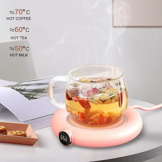 Premium Electric USB Mug Warmer in white, with three temperature settings and automatic shut-off feature for perfectly hot beverages