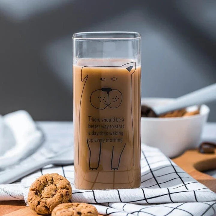 Charming animal-themed glassware with adorable pig, cat, and dog designs, made from durable, eco-friendly glass