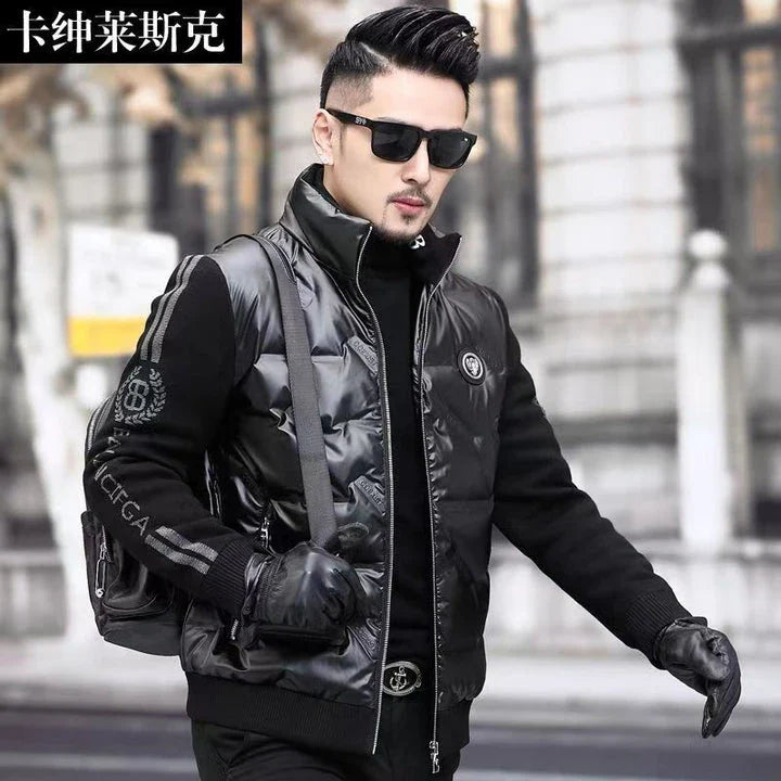 Warm and weatherproof men's down jacket with stand collar and knitted sleeves, made from premium polyester fibre and filled with luxurious duck down