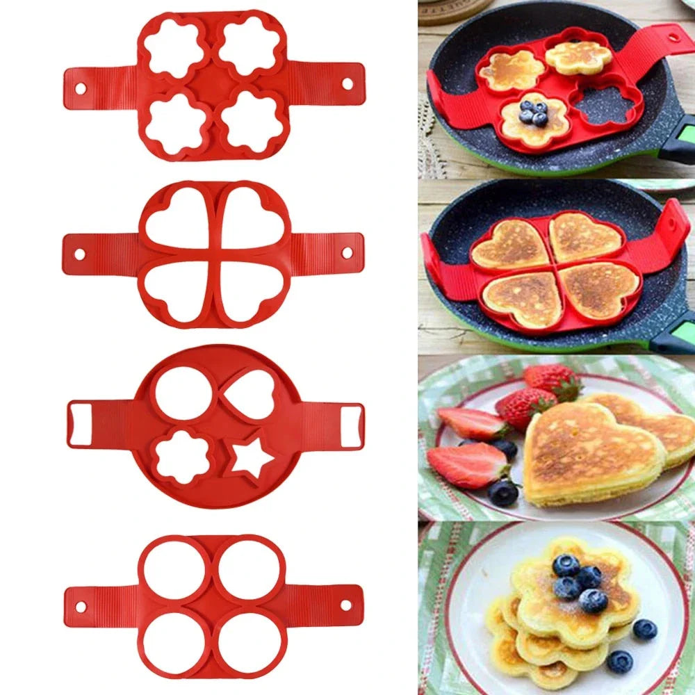 Red silicone non-stick pancake and egg mold ring for making perfectly shaped breakfast items