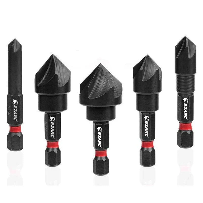 5-piece high-speed steel countersink drill bit set in black and red, featuring 1/4" to 3/4" bit sizes and a 1/4" hex shank for power tool compatibility