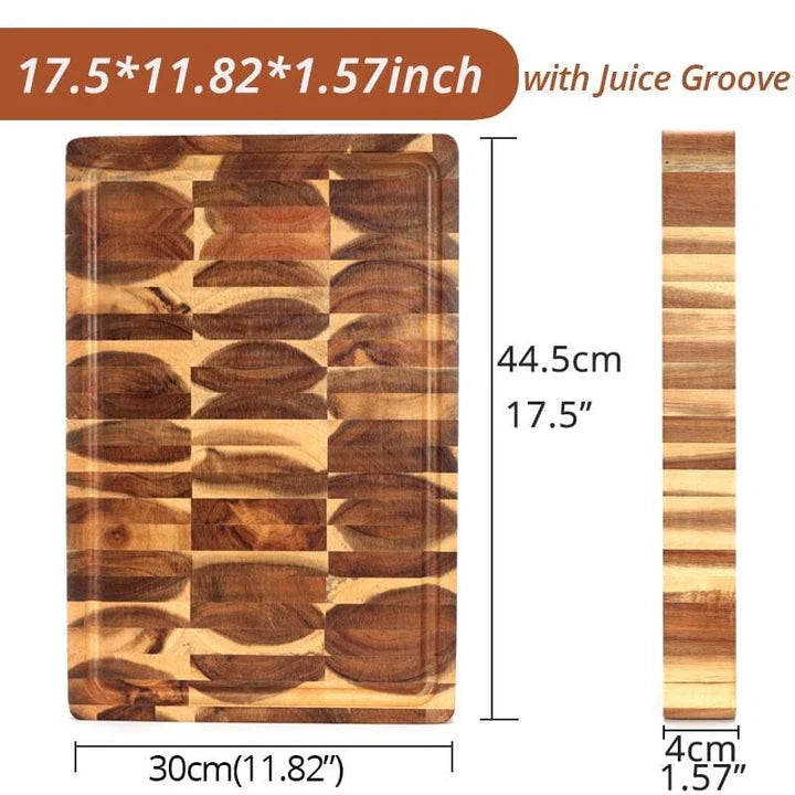 Premium Acacia wood chopping board with a convenient juice groove to catch liquids during food preparation