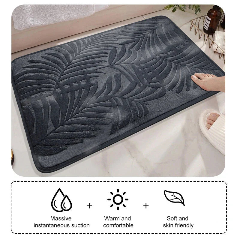Stylish leaf pattern memory foam bath mat with a 3D embossed design, providing comfort and safety for any room in the home.