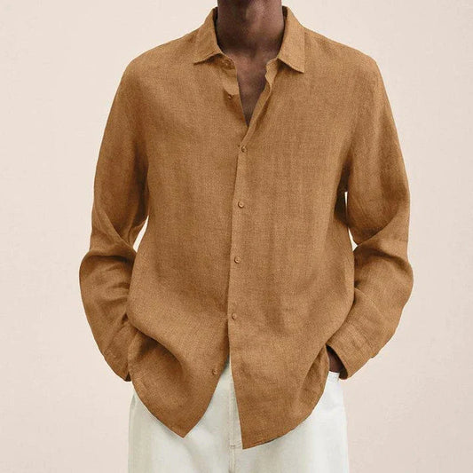 Stylish men's oversized button-up cardigan shirt in a classic solid colour, featuring a relaxed fit and sophisticated lapel collar design.