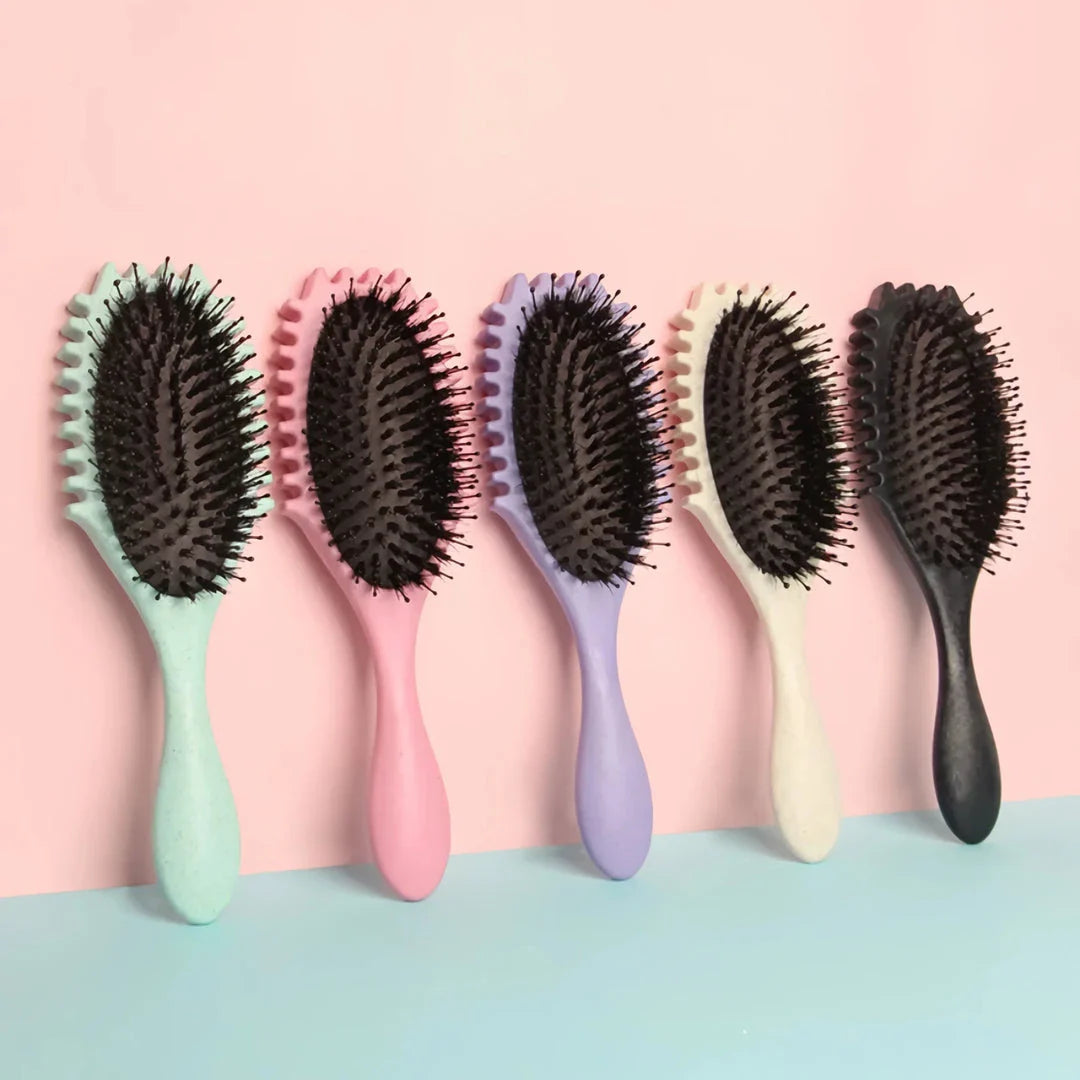 Boar Bristle Curl Defining Detangling Hair Brush in pink colour
