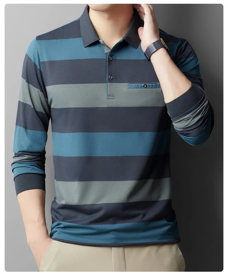 Premium Striped Long Sleeve Polo Shirt in Gray for Gentlemen - Soft, Breathable Fabric, Colour-Block Design, Versatile Casual-to-Smart Styling
