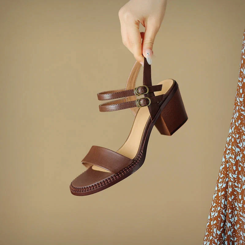 Elegant retro high heel leather sandals in khaki colour, with a sleek design and premium leather construction