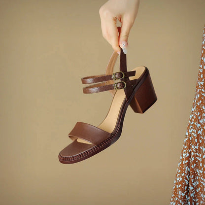 Elegant retro high heel leather sandals in khaki colour, with a sleek design and premium leather construction