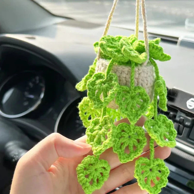 Charming knitted car plant decor with hanging white rope and green and white colour scheme