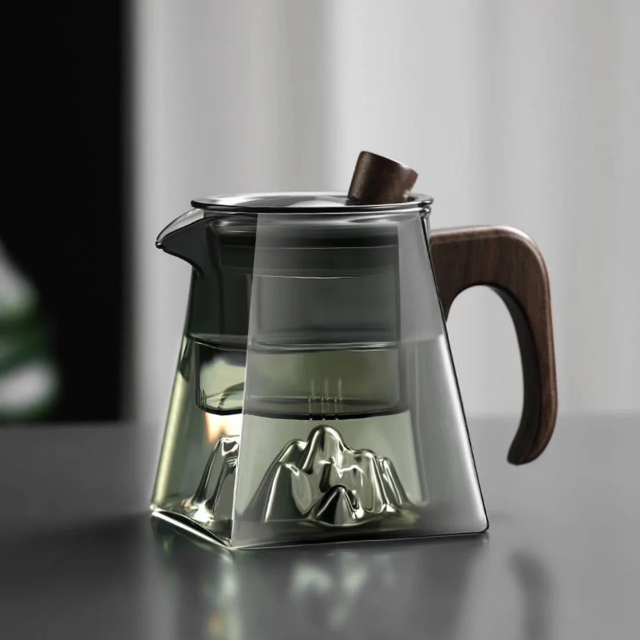 Premium high-capacity borosilicate glass teapot with smoky grey mountain view design