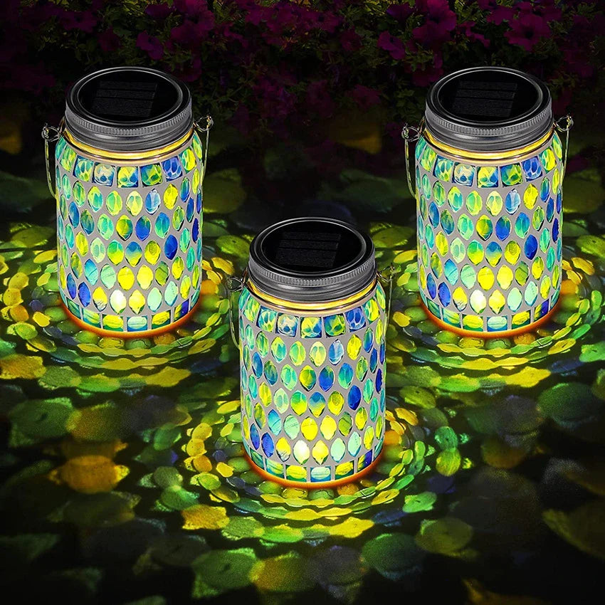 Mosaic Solar Mason Jar Lamp for Outdoor Lighting - Durable, Weather-Resistant Design with Automatic Illumination