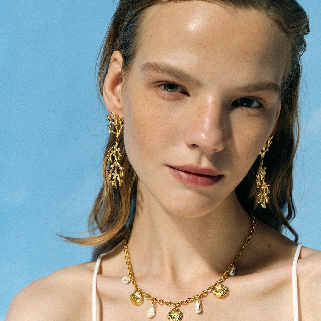 Elegant 18K gold plated coral pearl pendant earrings with a secure stud closure and a tarnish-proof finish
