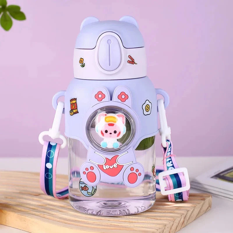 Colourful, durable Kids Cartoon Water Bottle with straw and carrying strap, designed for children's hydration needs