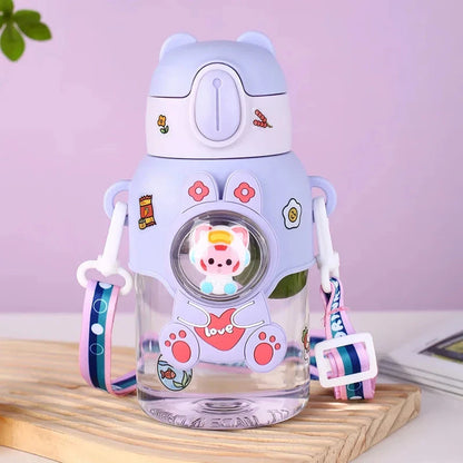 Colourful, durable Kids Cartoon Water Bottle with straw and carrying strap, designed for children's hydration needs