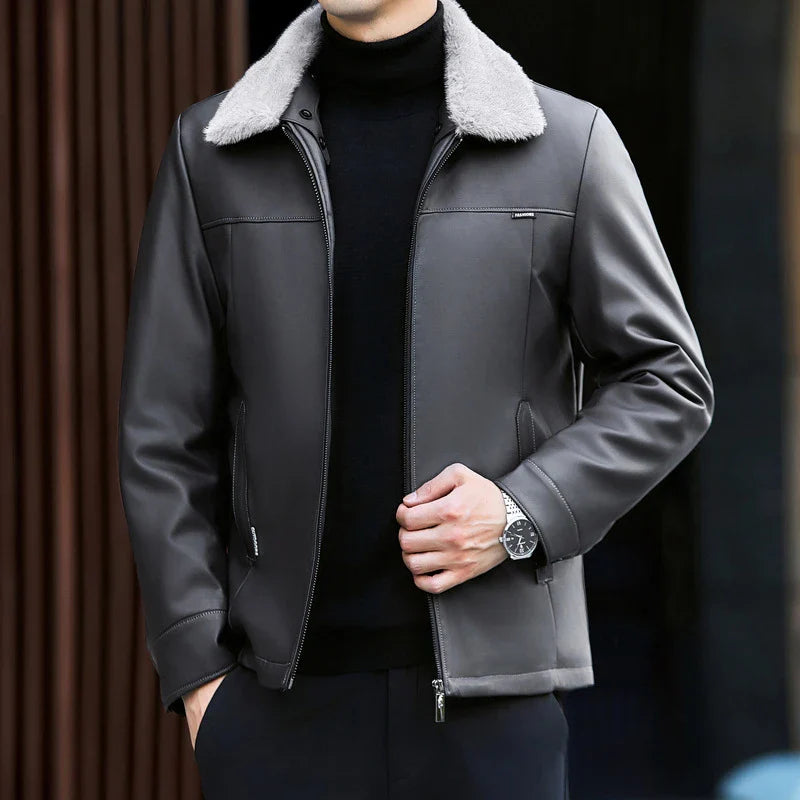 A premium leather down jacket for men, featuring a sleek and sophisticated design with warm insulation for the autumn and winter seasons.