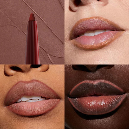 Close-up of a premium waterproof lipliner in a silver casing, a must-have makeup essential for a polished and long-lasting lip look.