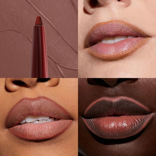 Close-up of a premium waterproof lipliner in a silver casing, a must-have makeup essential for a polished and long-lasting lip look.