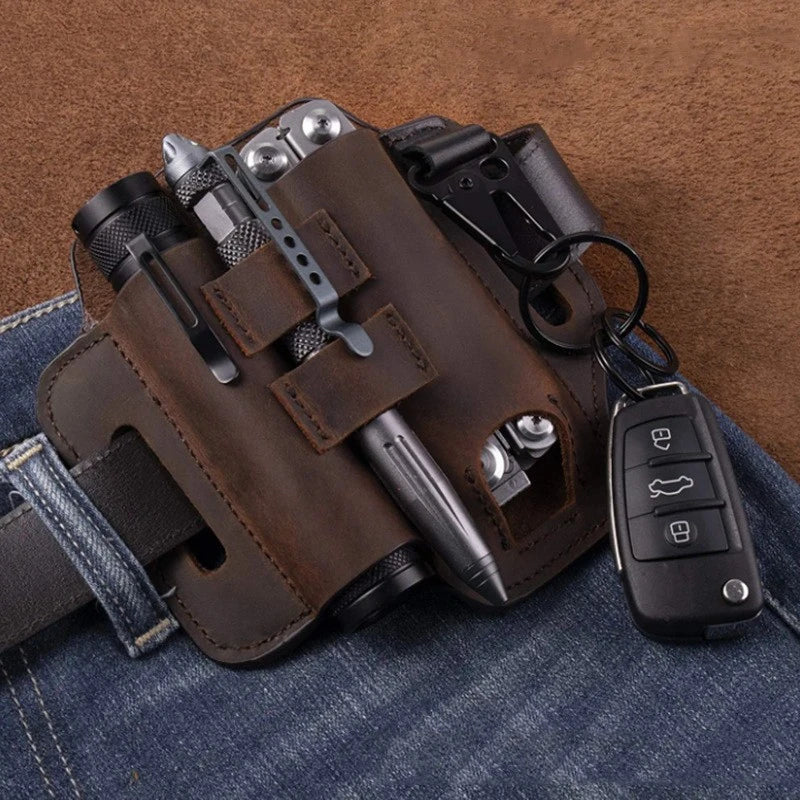 Premium British leather tool carrier with multiple compartments and adjustable strap for hands-free carrying