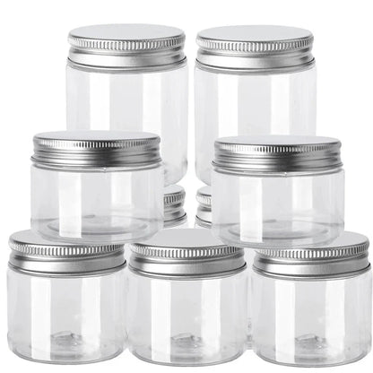 Premium 10-piece set of clear plastic storage jars with aluminium lids for organising cosmetics, food, and household items