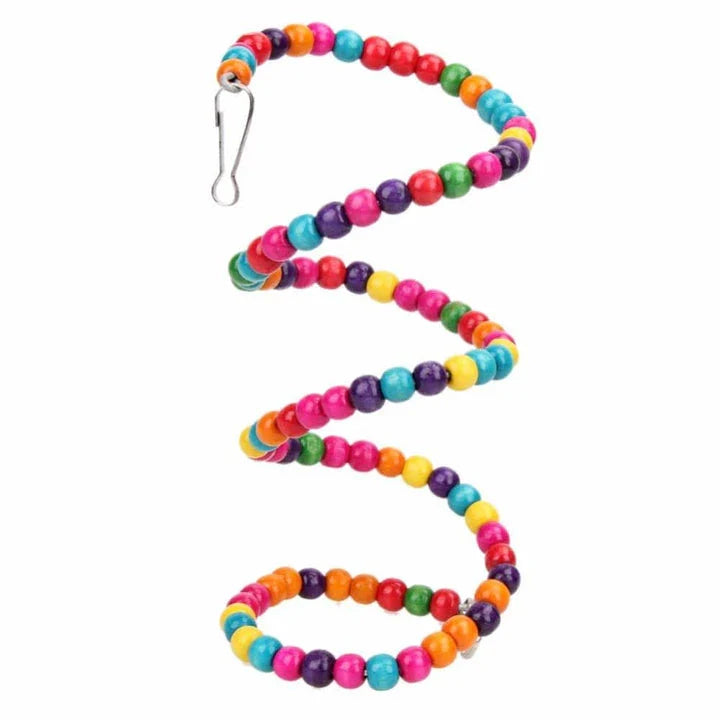 Multicolored bird swing made of wood and iron wire, designed to provide amusement and enrichment for pet birds