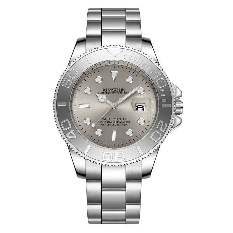 Premium luminous waterproof quartz watch for men with stainless steel case and grey dial
