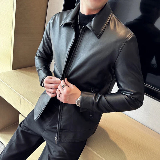 Premium Lightweight Business Jacket with Leather Lapels - Stylish and Versatile Outerwear for the Modern Gentleman