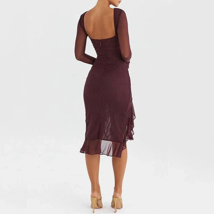 Elegant Ruffled and Ruched Mini Dress in Wine Red with a backless, ruffled, and ruched design for a stylish statement