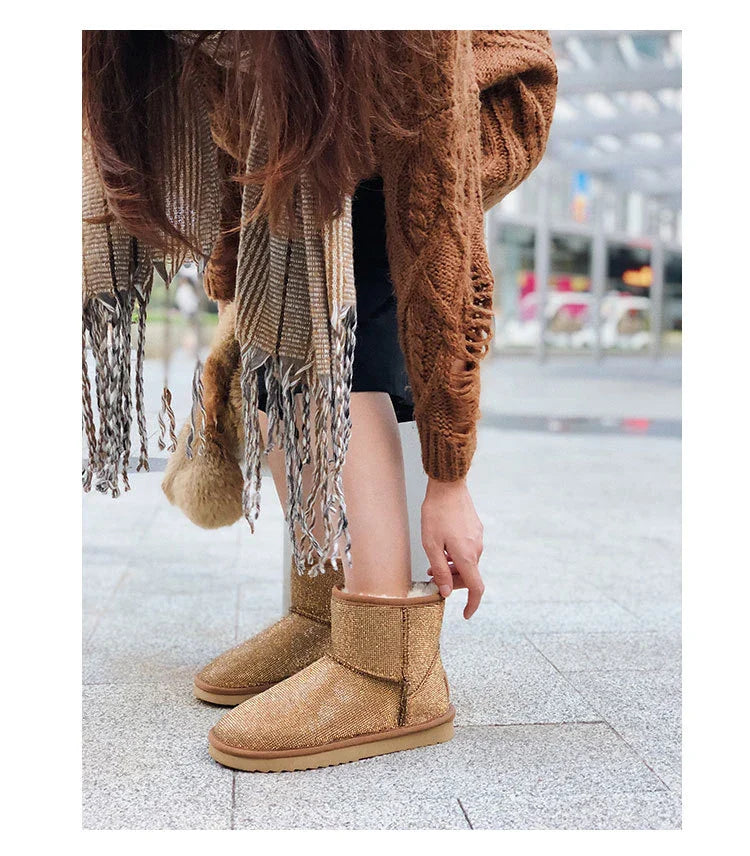 Premium rhinestone-embellished ankle boots for women, featuring a shimmering upper and durable rubber sole for winter wear