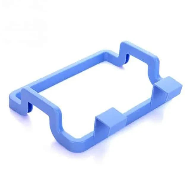 Cupboard-mounted trash bag holder in various colours for organising kitchen waste storage