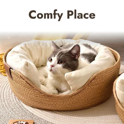 Handcrafted bamboo pet bed with removable cushion, providing a cosy and stylish sleeping space for cats and small dogs