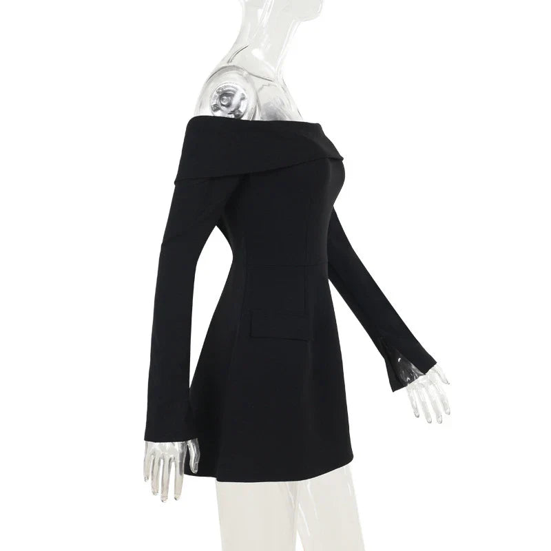 Elegant off-the-shoulder A-line dress for women with slim fit, bell sleeves, and high waist design