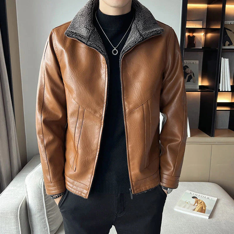 Premium plus-size leather jacket in classic Hong Kong style with velvet padding for exceptional comfort and warmth
